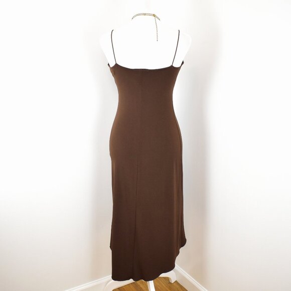 VTG 00s Y2K City Triangles Brown Wrap-Bust V-Neck Asymmetrical Bodycon Dress - Picture 3 of 6